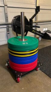 American Barbell Upright Rolling Bumper Storage with loads